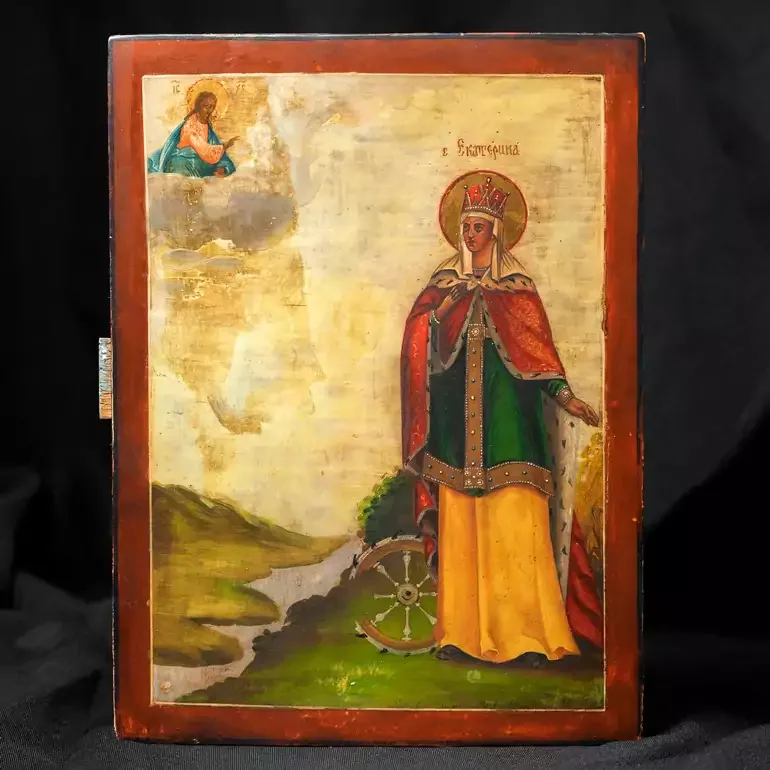 Старинная икона «Святая Екатерина», дерево, конец XIX века