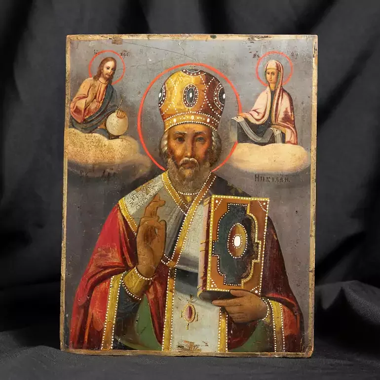Старинная деревянная икона Николая Чудотворца конца XIX века