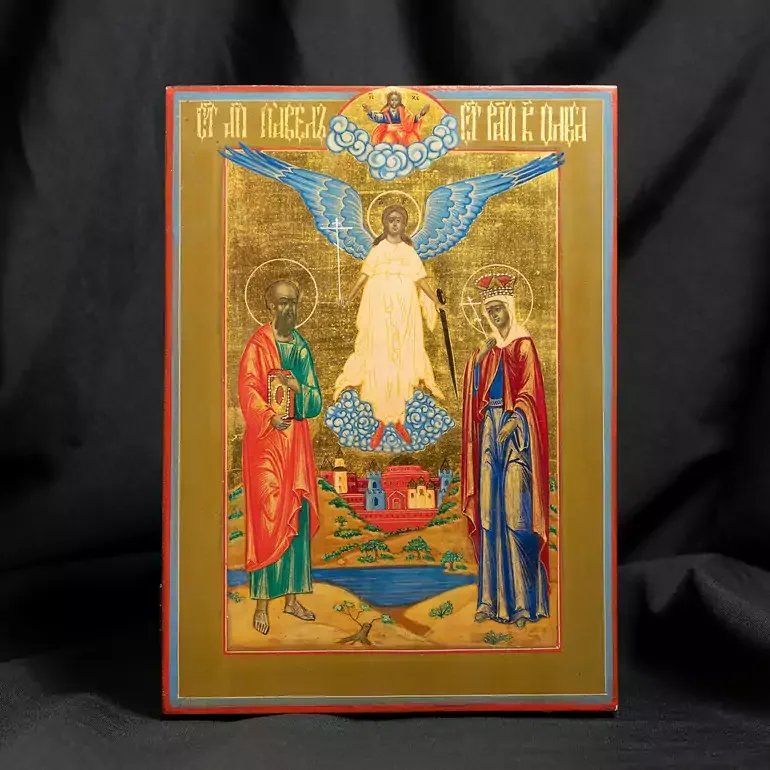 Икона ангела-хранителя с апостолом Павлом и княгиней Ольгой XX века