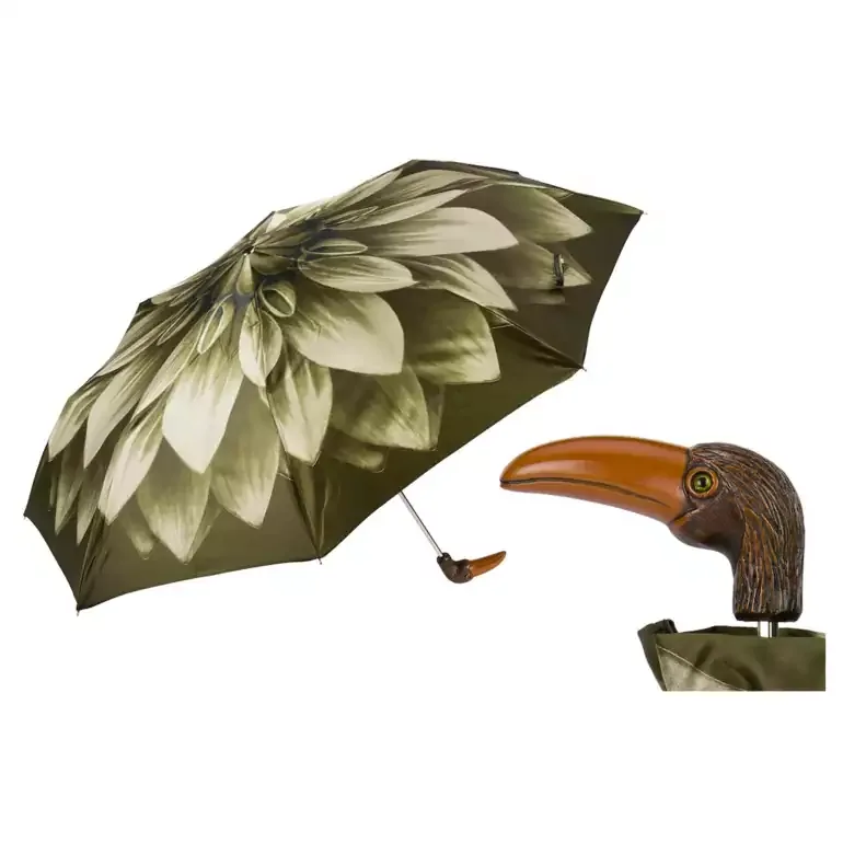 Женский складной зонт Pasotti «Green Flower Toucan» с ручкой-туканом