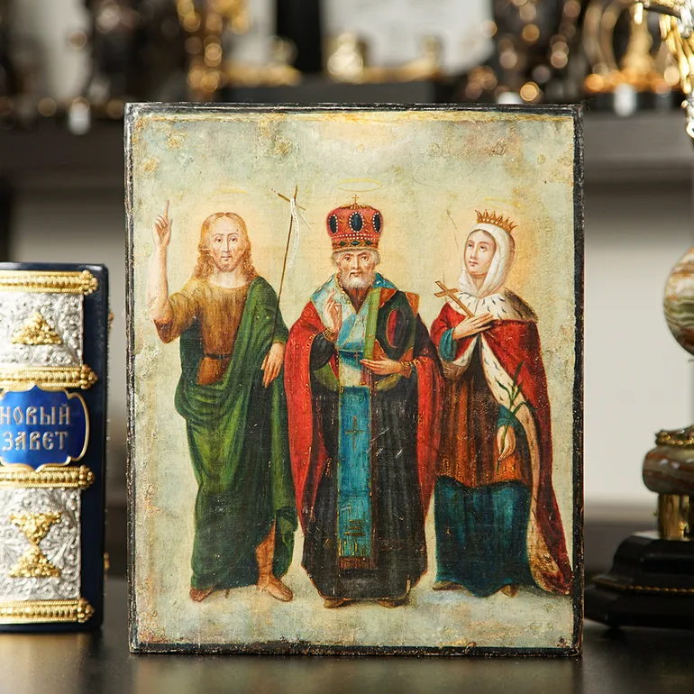 Старинная икона Святого Николая с предстоящими, XIX век