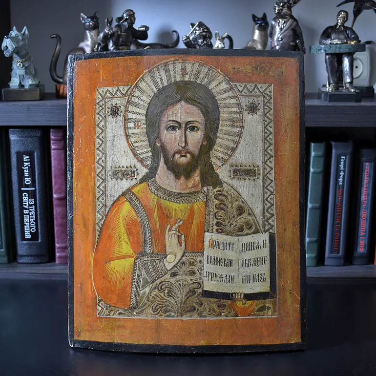 Икона Спасителя середины XIX века, школа мастеров Холуя
