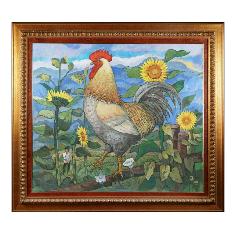 Картина Т. Данилича «Липень» 2009 — петух среди подсолнухов, темпера, 70×80 см