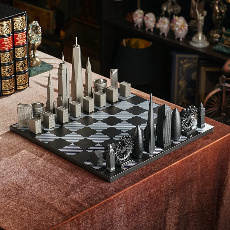 Шахи Skyline Chess «Лондон проти Нью-Йорка» з нержавіючої сталі