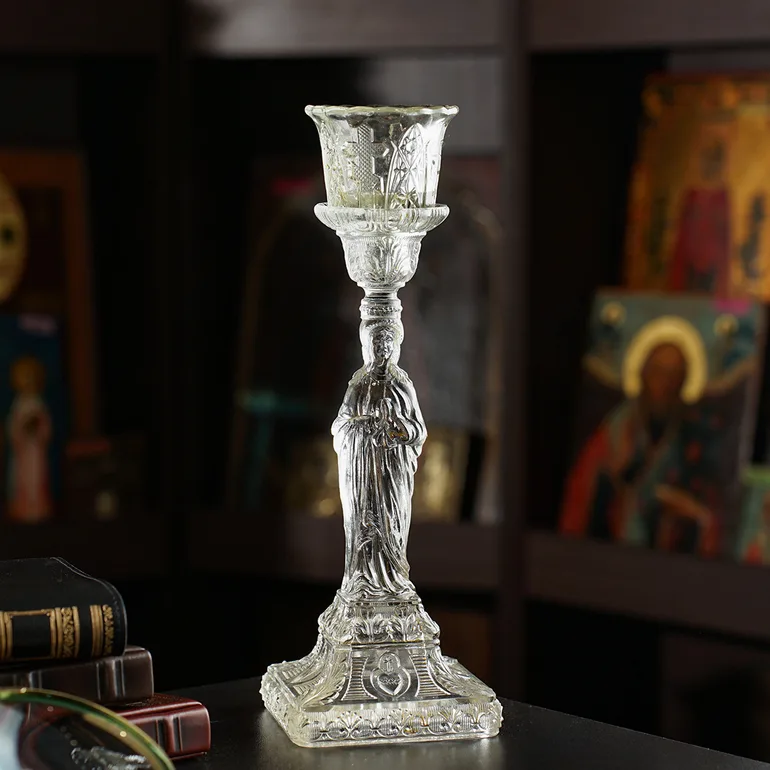Антикварний скляний католицький свічник з Дівою Марією