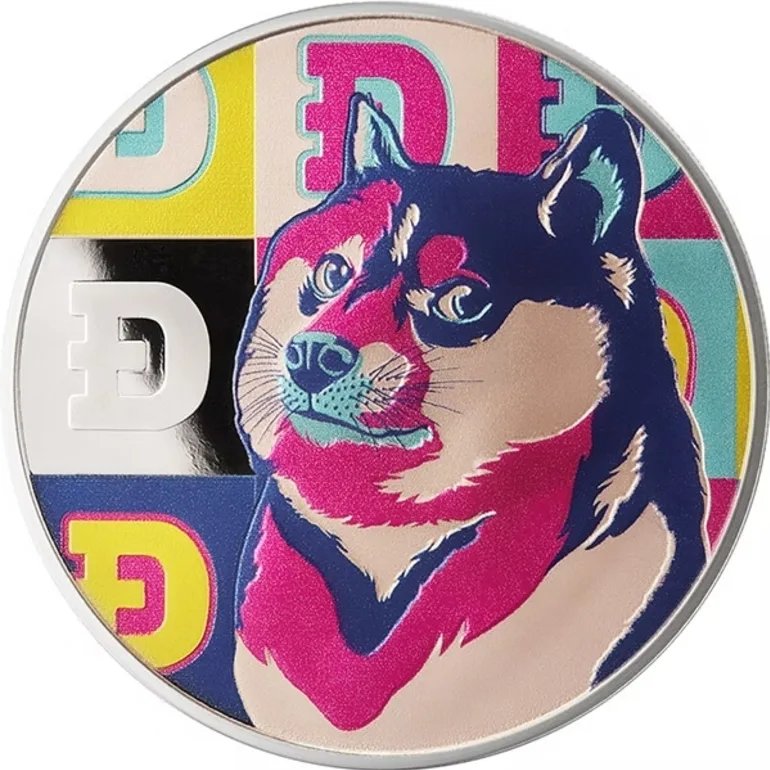 Коллекционная серебряная монета Dogecoin с изображением собаки